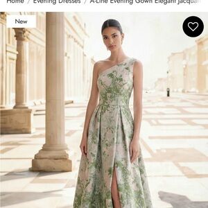 One-Shoulder A-Line Jacquard Evening Dress in Green and Cream